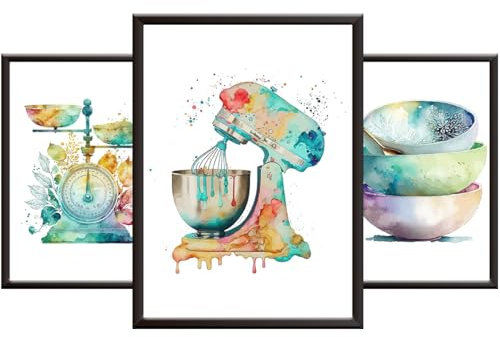 Hey Chimp Watercolour Kitchen Prints for Wall - Set of 3 Framed Posters or Framed Kitchen Wall Art Decor - Multi-coloured Abstract Pictures of Cooking/Baking Equipment