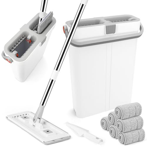 Juego de Fregona y Cubo 4 in 1 GIOVARA Mopa Cubo Escurridor Fregona, Escurridor Fregona Plana con Mango 6 Paños de Repuesto de Microfibra para Uso húmedo y seco para Suelos de Madera, Baldosas