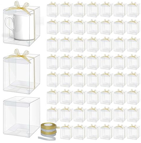 TANEMUDO 55 Pcs Mug Gift Boxes with Ribbon 4.9 x 4.3 x 4.1 Inch Clear Packaging Box for Tumblers and Mugs Compatible with 11oz 12oz 15oz 20oz 30oz 40oz