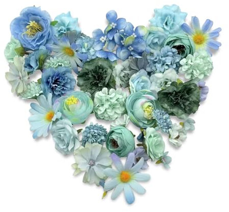 FOSDICK 43 Stücke Kunstblumen zum Basteln, Klein Künstliche Blumenköpfe, Blütenköpfe Deko, Künstlich Seidenblumen, Fake Blumen Dekoblumen für Tortendeko Hochzeitsdeko DIY Basteln Scrapbooking, Blau