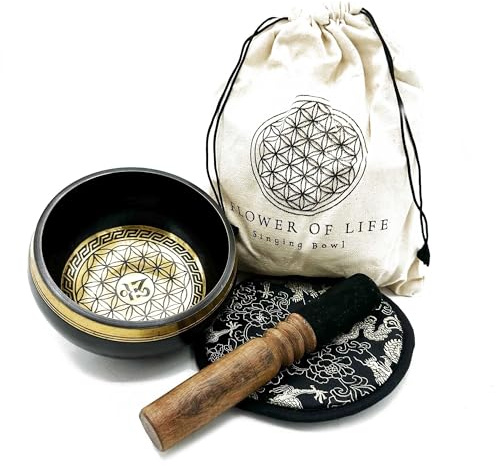 Handgeschlagene und gravierte Klangschalen-Geschenk-Set, 14 cm, Blume des Lebens