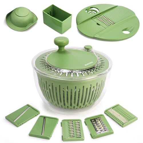 SUSTEAS Salatschleuder, 4.5L Groß Salat Schleuder mit Deckel, Salatschüssel mit 5-Klingen-Schneider & Kubelantrieb & Eigelbtrenner – Zum Waschen und Trocknen & Schneiden von Salat, Gemüse, Obst