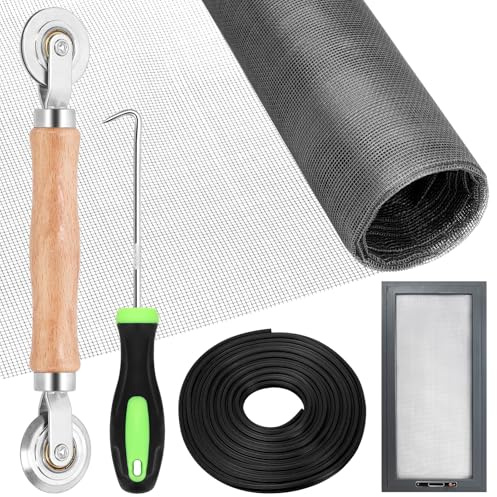 Glarks 4pcs 48W x 99L Grey Window Screen Repair kit, Included 1pcs Fiberglass Screen Mesh 1pcs 10.94yard Spline 2pcs Spline Removal Tool for Patio Screen Door Repair