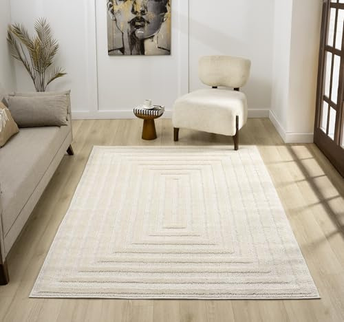 Isabella Living Room Area Rug - Cut-Loop Pile Polypropylene Weaving - Jute Backing - Indoor Carpet in Geometric, Cobble, Mazia Arch, Imperial Trellis Designs, Cream, 200x290 cm