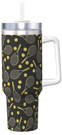 Qgwdyyjq Funny Tennis Racquets and Tennis Balls Printed 40OZ Ice Bully with Handle Portable Thermal Mug