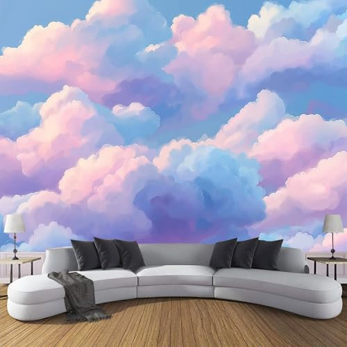 CDXNORA 3D Art Wallpaper Murals,Blue Pink Wall Murals, Light Blue Pink Clouds Wallpaper for Bedroom Living Room Decor 200x140cm Artwork Background Wall Stickers (Not Self-Adhesive)