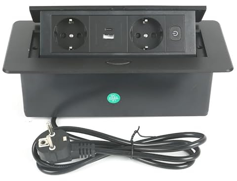 Versenkbare Steckdosen mit USB C PD20W, Aluminium Einbausteckdose Versenkbar 2 Fach, Tischplatte Versenkbare Steckdose für Arbeitsplatte Küche Büro 2500W/10A, 1.8M Kabel, Schwarz