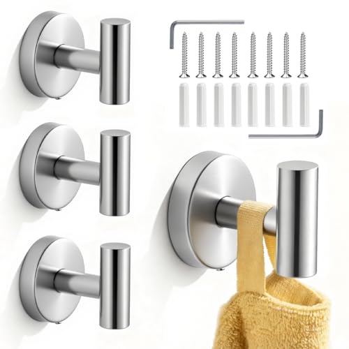 Drenky 4 Stück Garderobenhaken Edelstahl 304 Handtuchhaken Zum Schrauben Badezimmer Haken Zum Bohren Silber Kleiderhaken Wandhaken für Badezimmer, Tür, Schrank
