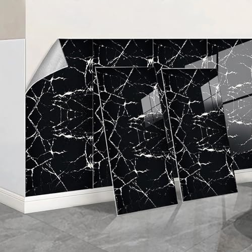 Camiraft 60x30CM Selbstklebende Fliesen 10 Stück Wandpaneele Selbstklebend Marmor Klebefliesen Küche Bad Klebefliesen Wasserfest Fliesenaufkleber mit Steinoptik Abziehen und Aufkleben,Schwarz
