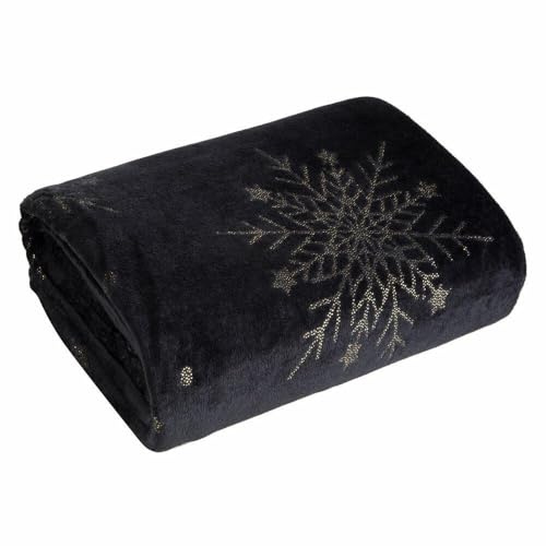 Eurofirany Weihnachtsdecke 150x200 cm schwarz Gold Kuscheldecke Wohndecke Sofadecke Tagesdecke Decke Winter Warm Gemütlich Klassisch Muster Wohnzimmer Schlafzimmer