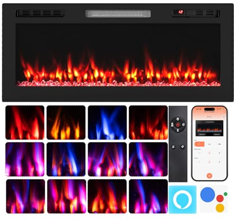 RELAX4LIFE Cheminée Électrique avec Chauffage 750W/1500W | Cheminee Decorative avec Effet Flamme LED | 12 Couleurs | 5 Luminosités | 5 Vitesses | Montage Mural/Encastrable | Contrôle App&WiFi | 37㎡