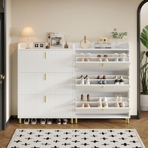 Zwei Schuhschrank mit 3 Klappen, Schuhkipper Weiss, Schuhschrank Schmal Schuhregal mit 6 Fächern, Schuhregal Verstellbar, Anti-Kipp-Vorrichtung für Flur, Portale, 80*23.5*123.5cm(Weiß)
