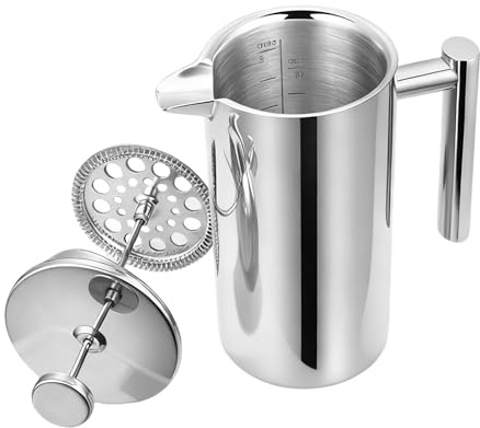 Handpresse Kaffeemaschine – Frenchh Press, Edelstahl Doppelschicht Infuser mit Easy-Clean Filtersystem | Cold Brew, Tee und Kaffee Maker für Küche, Café, Reisen, Männer, Frauen, Profis