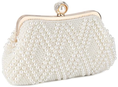 BAIGIO Pochette Donna Elegante, Clutch Donna Cerimonia, Borsetta da Sera, Borsa a Tracolla Catena, Borsa Piccola in Perla per Matrimonio Party Sposa Cocktail Festa, Nero/Bianco