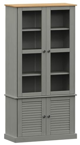 faucqel Vitrine VIGO Grau aus massivem Kiefernholz 85x35x170 cm mit Glastüren und Metallknöpfen, Wohnzimmerregal mit reichlich Stauraum, Bücherregal Vintage