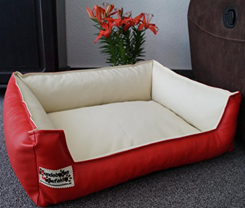 Hundebettenmanufaktur Hundebett Hundesofa Schlafplatz Kunstleder Similpelle 120 cm X 100 cm rot Creme