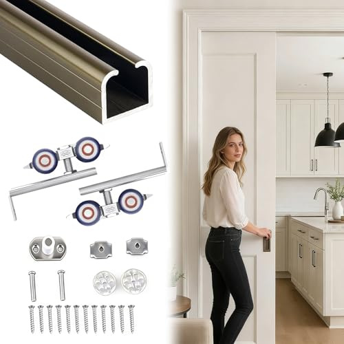 Vibeo Rail Porte Coulissante Rail Porte Coulissante à Galandage avec roulettes à 4 Roues, Kit de Rail pour Porte de Grange Longue, Quincaillerie Coulissante Fixation Plafond(Champagne,205cm/6.7ft)
