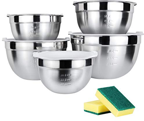 Juning 18/10 Edelstahlschüssel Set Bestehend aus 5 Stück, mit Kunststoffdeckel, 3L / 2L / 1.6L / 1.2L / 0.8L, Verwenden Sie als Rührschüssel, Salatschüssel, Aufbewahrungsschüssel, Servierschale