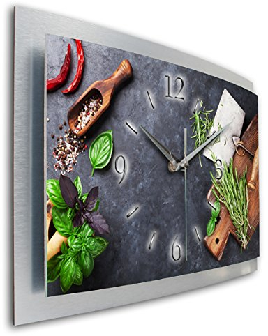 3D Designer-Wanduhr Kräuter Küche in modernem Metallic-Design; leise Funkuhr mit Motiv wahlweise in Zwei Größen (Kräuter, 80x40cm; leises Funkuhrwerk)