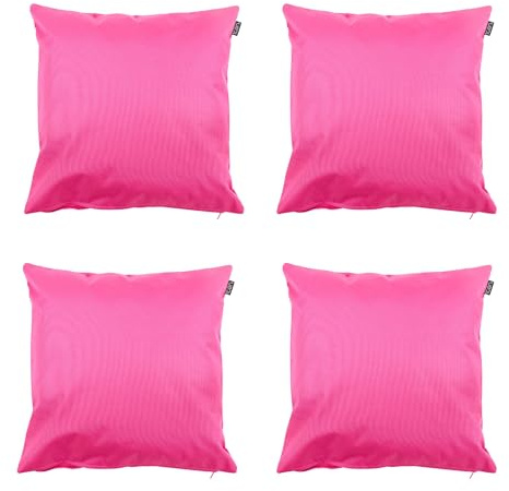 Bean Bag Bazaar Outdoor Cushions Filled, Plain Collection, Pink, Set of 4, 43cm x 43cm, Water Resistant, Pink Outdoor Cushions for Garden Furniture, Garden, Patio