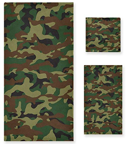 Naanle 3-teiliges Handtuch-Set, Camouflage, militärische Badetücher, Set für Badezimmer, sehr saugfähige Baumwolle, großes Badetuch, Handtuch + Waschlappen, 3 Stück weiche Handtücher für Dekoration