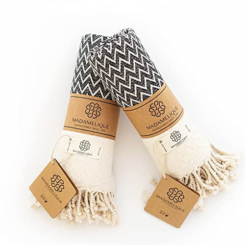 Madamelique Exclusivo Juego de 2 Toallas de Mano de 18 x 40 Pulgadas, Toalla Decorativa de baño Peshtemal para Manos, Cara, Cabello, Yoga, té, paño de Cocina, baño - 100% algodón Puro (Negro)