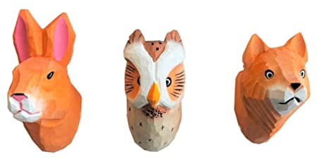 your castle Wandhaken Waldtiere Tierköpfe - Garderobenhaken aus Holz 3er-Set Eule, Hase, Fuchs, 9-11 x 8 cm