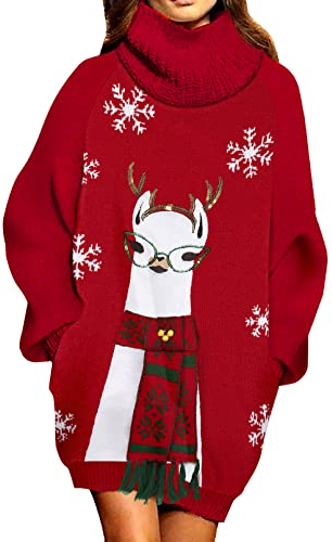 Viottiset Damen Weihnachten Übergroßes Pulloverkleid Rollkragen Gerippt Grobstrick Gestrickt Lockeres Rot-Alpaka XL