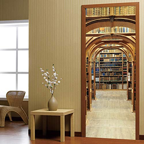FHKGIUJAD Fototapeten 3D Türtapete Selbstklebend Bibliothek Bücher Muster Selbstklebendes Pvc Wasserdicht Fototapete Türfolie Poster Tapete Abnehmbare Türabziehbilder Türdekoration 77X200Cm