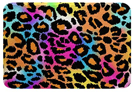 Loussiesd Leopard Drucken Badematte 50x80cm Neon Regenbogen Leopardenfell Badteppiche Meliert Exotisch Panthera Haut rutschfest Badezimmerteppich Bunte Tarnung Safari Motiv Weich Zottelig Badvorleger