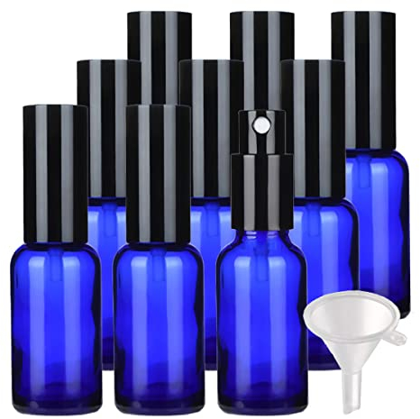 PQPAUTY 12 Pièces Flacon Spray en Verre Bleu 30ml et Pompe Spray Noire pour Parfum Cosmétique Pulvérisateur Bouteille Voyage Rechargeable, 3 pièce Entonnoir