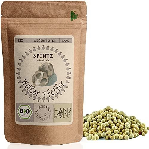 SPINTZ® BIO Weiße Pfefferkörner 250g | Plastikfrei verpackter Pfeffer für Mühle | 100% kontrolliert biologischem Anbau | Weißer Pfeffer ganz | Pfeffer weiß ganz