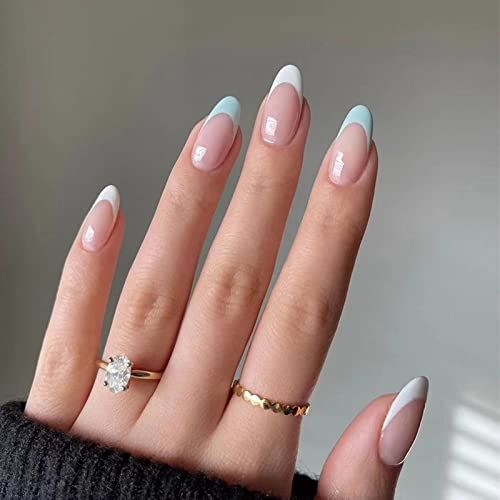 JUSTOTRY 24 Pcs Almond False Nails Short, Pale Blue and White French Press on Nails Pattern, Nude Fake Nail Short, Oval Stick on Nail for Women, Nails Fake Nail for Nail Art