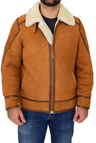 A1 FASHION GOODS Herren-Fliegerjacke aus echtem Leder, Lammfell, Retro-Design, Karl Cognac, cognac, L