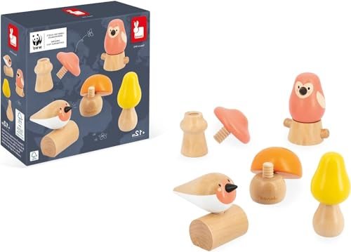 JANOD - 2 Oiseaux et 3 Champignons à Visser - Jouet d'Éveil et Premier Age - Développe la Dextérité - Jouet en Bois FSC - Partenariat WWF - Dès 18 Mois, J08643