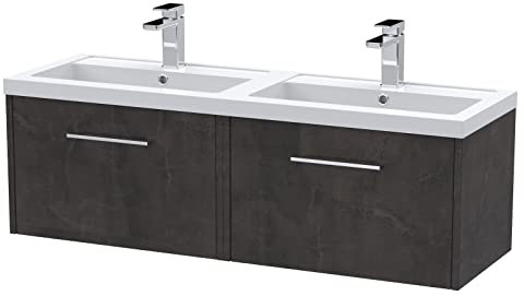 Hudson Reed JNU2622C Juno Modern Bathroom Wall Hung 2 Drawer Vanity Basin Unit & Double Polymarble Basin, 1200mm, Matt Metallic Slate
