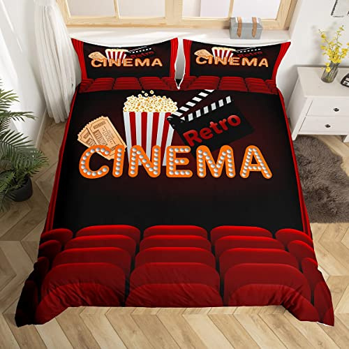 Homewish Movie Duvet Cover Single Popcorn Movie Bedding Set Retro Cinema Red Black Theater Comforter Cover Cartoon Film Clapboard Food Bedroom Decor Vintage Ticket 1 Pillow Case Bedding Set