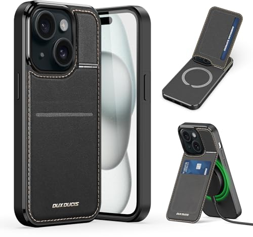 DUX DUCIS Hülle für iPhone 15 Leder Handyhülle mit Ständer Kartenfach RFID Schutzhülle Kompatibel mit MagSafe Wallet Stoßfeste Case für iPhone 15 (6,1, Schwarz)