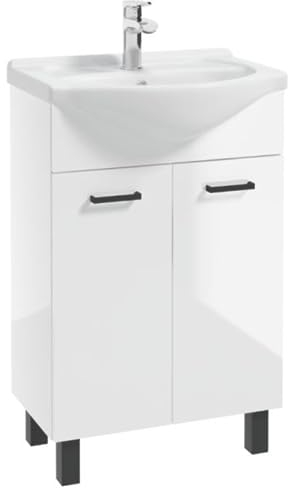 .Deftrans Domodomo Badezimmerschrank mit Waschbecken, 85 x 55 x 42 cm weißer Waschbeckenschrank, Keramik Waschbecken Set, Standschrank für kleines Bad