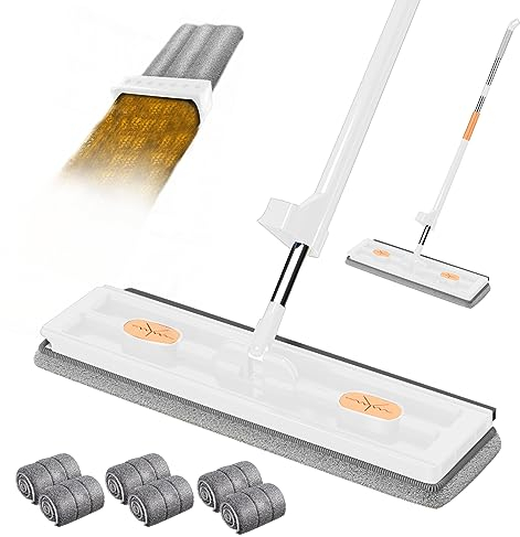 Mopa plana grande, 2023, grande, plana, con función de escurridor, articulación giratoria 360°, juego de mopa plana con almohadillas de microfibra reutilizables (blanco + 6 almohadillas)