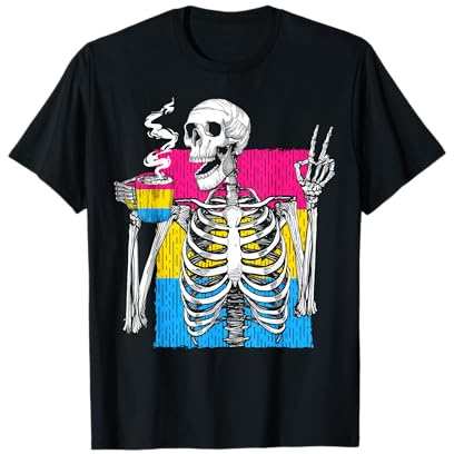 Skelett trinkt Kaffee Pansexuelle Flagge LGBTQ Stolz Monat T-Shirt