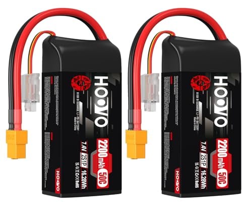Lot de 2 batteries LiPo 2S - 2200 mAh - 7,4 V - 50 C - SoftCase - Avec fiche XT60 - HOOVO pour voiture radiocommandée 1:16 - Pour voiture, camion, hélicoptère