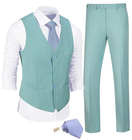 JPF Herren 2-teiliges Slim-Fit-Anzug-Set, solide Weste und Hose, Anzug für Männer mit Krawatte, Mintgrün, S
