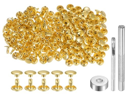 QUARKZMAN 100 Juegos Cuero Remaches 8 x 9mm de Metal con Doble Tapa Broches de Presión y Herramientas de Instalación para Manualidades En Cuero Reparación y Decoración Tono Dorado