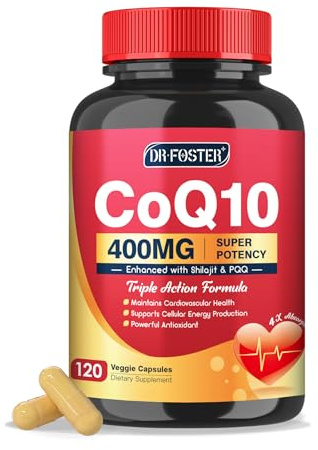 DRFOSTER CoQ10 400mg-High Absorption Coenzyme Q10 Supplements with PQQ, Shilajit & Vitamin E, Powerful Antioxidant for Heart & Brain Health and Energy-Production 120 Veggie Capsules