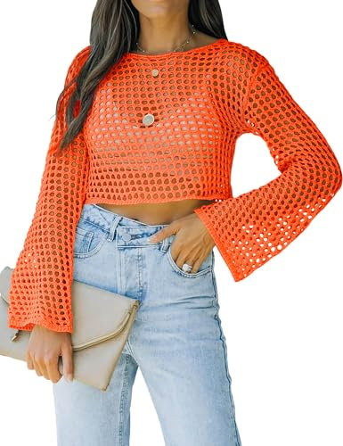 Womens Fishnet Crochet Crop Top Sexy Long Sleeve See Through Hollow Out Mesh Bikini Cover Ups, Orange, Medium