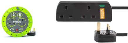 STATUS 2 Socket Cable Reel | 5m Green Extension Lead | 13A with Thermal Cut Out | Heavy Duty Outdoor Extension Lead | S5M13ACR3 & pro elec PL15364 2 Gang Surge Protected Extension Lead, 3m, Black