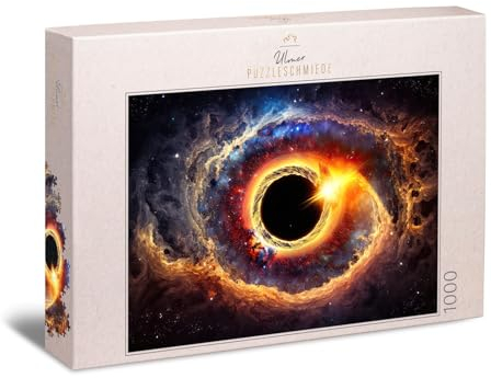 Ulmer Puzzleschmiede - Weltall-Puzzle „Black Hole“ - Schwarzes Loch, umgeben von leuchtenden Effekten im Universum - schwieriges 1000 Teile Puzzle - Impossible-Puzzle-Charakter - Made in Germany