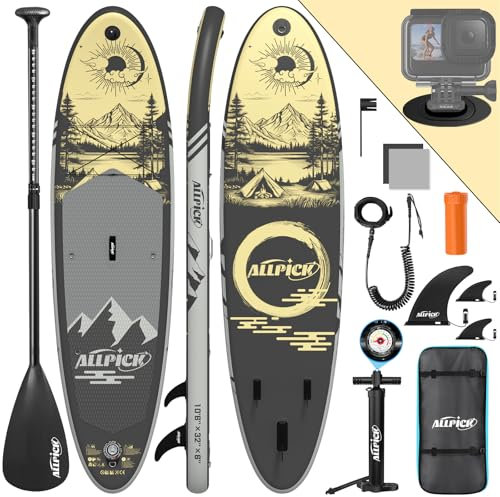 ALLPICK Premium SUP Board Set, Stand Up Paddling Board Aufblasbar, Mit Universal Kamerahalterung, Komplettes Zubehör, Verstellbares Paddel, Anfänger, Fortgeschrittene, 200kg (Landschaft-Grau Gold)