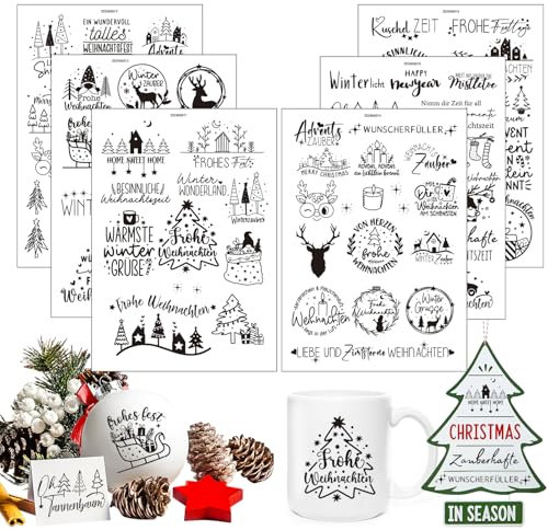 6 pcs Rub On Sticker Weihnachten, DIY Deko Rub On Folie Aufkleber, Frohe Weihnachten Stempel, Silikonstempel Winter, für Möbel, Glas, Holz, Scrapbooking, DIY Basteln Deko